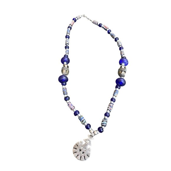 Handmade Blue Beaded Necklace with Silver Pendant Unique Artisan Jewelry Bohemia - Picture 2 of 11